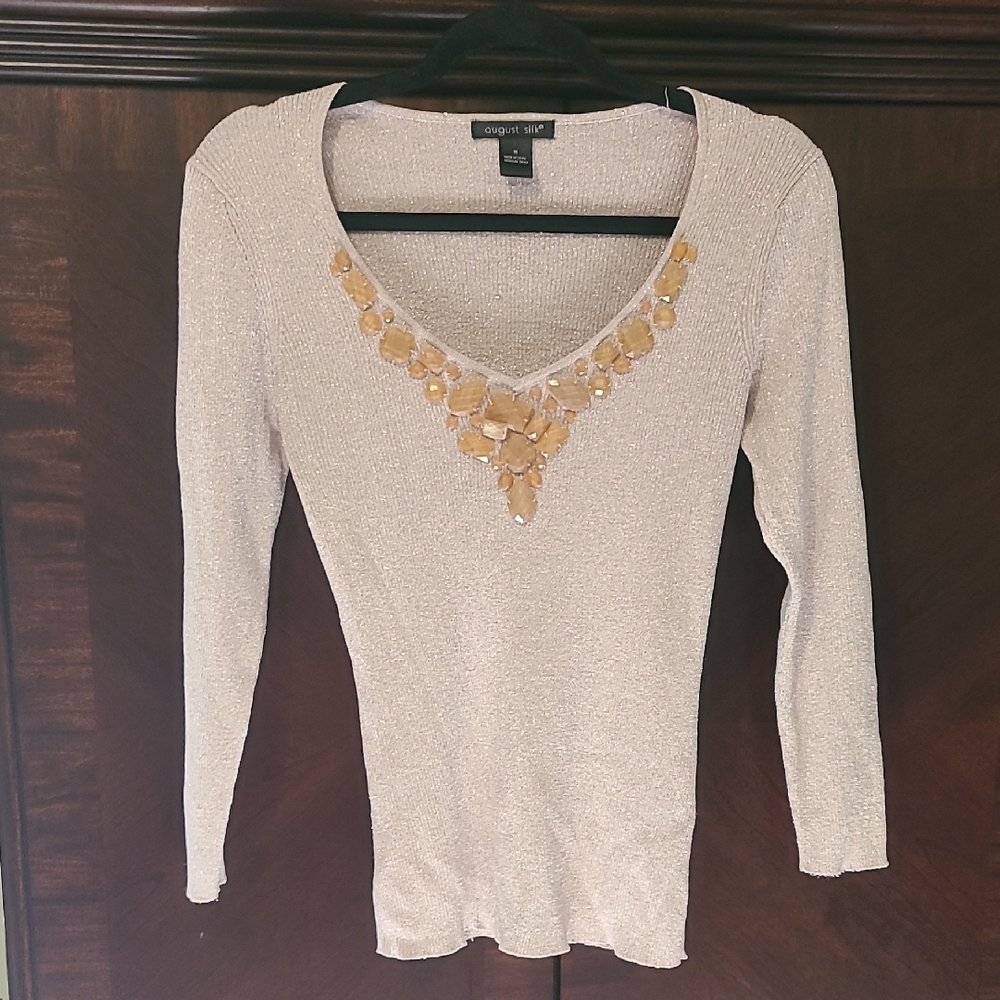 August Silk Cream and Tan Embellished 3/4 Sleeve Blouse